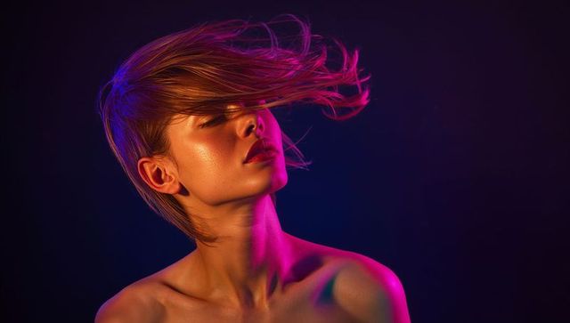 Asian woman fashion portrait with neon gel lighting and dynamic hair motion, editorial