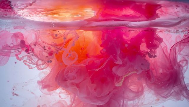 Vibrant magenta and orange ink swirling in water with luminous backlight and bubbles
