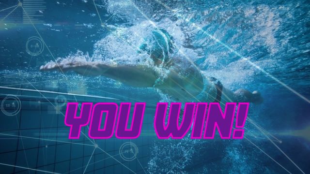 Shows a swimmer underwater with vibrant 'You Win' text overlay and a digital interface effect, creating a dynamic and motivational scene. Perfect for use in sports visual content, motivational videos, swim competitions, advertisements for swim gear, or applications celebrating achievements and victories.