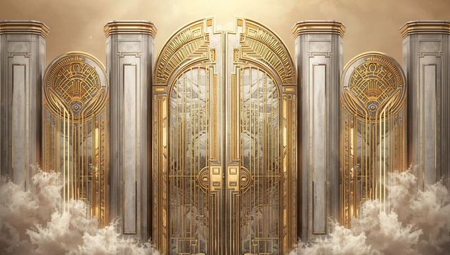 Opulent golden doors with marble pillars in majestic setting