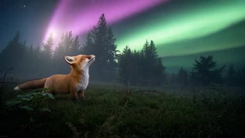 Red fox gazing at aurora borealis tracking colorful northern lights over misty pine forest