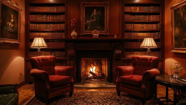 Crackling fireplace casting warm light in mahogany library with red leather armchairs