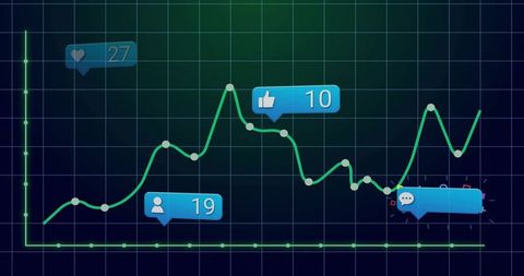 Neon social media analytics line chart with engagement bubbles showing likes comments