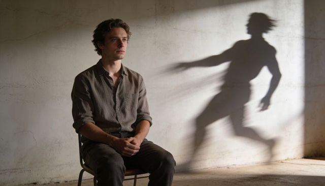 Man sitting on chair with dramatic shadow running across plastered concrete wall