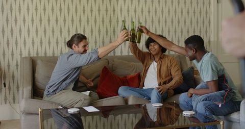 Friends Socializing with Drinks in Cozy Living Room