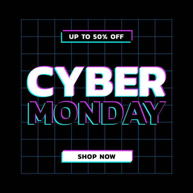 Perfect for promoting online shopping during Cyber Monday sales event. Ideal for e-commerce websites, email marketing campaigns, social media posts, and digital ads. Vibrant neon text and modern grid background catch attention and highlight limited-time offers. Use to boost engagement and drive sales during holiday shopping season.