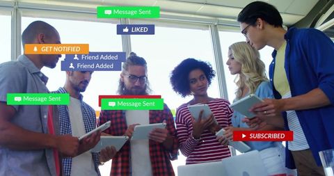 Connected Team Working with Digital Tablets and Notifications