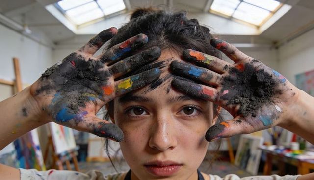 Teen artist raising paint and charcoal covered hands, intense close-up studio portrait