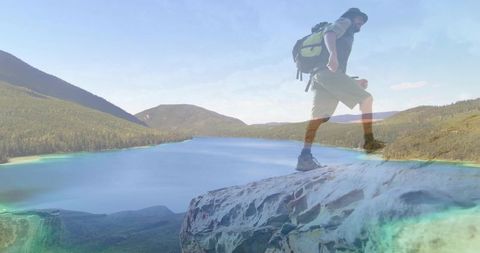 Dynamic Hiker Exploring Alpine Lake Panorama Adventure