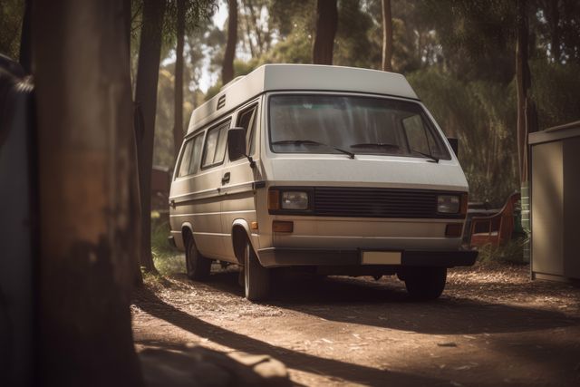 White camper van with trees in the background in forest created using generative ai technology. Transport, travel and camping concept digitally generated image.