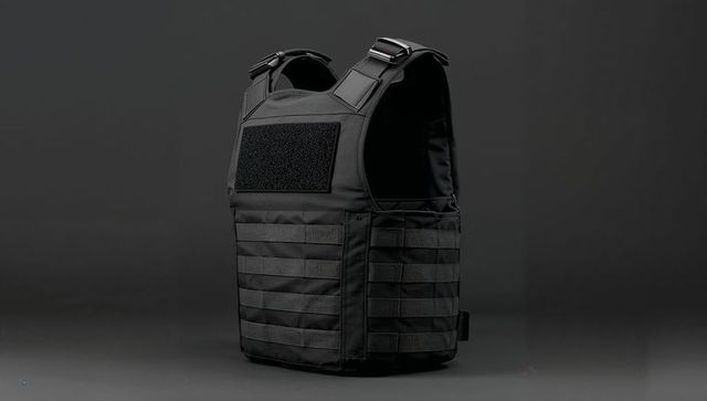 Black tactical vest with molle webbing and quick-release buckles