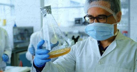 Laboratory researcher inspecting erlenmeyer flask with amber culture, masked and gloved