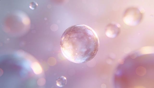 Floating glass sphere revealing shimmering particles in pastel bokeh