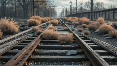 Abandoned railway with tumbleweeds on tracks