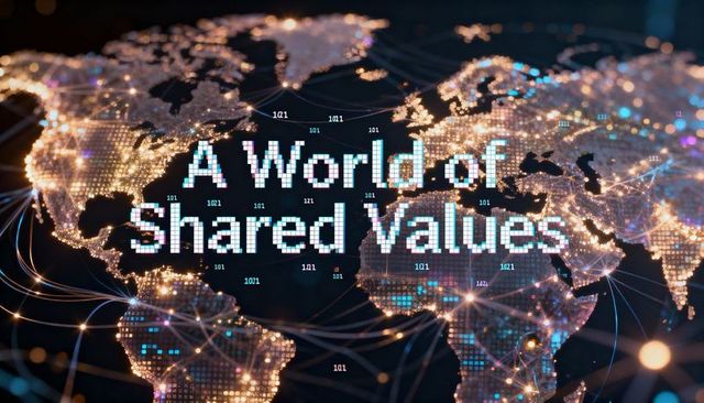World digital network highlighting shared values pixelated headline over night city lights