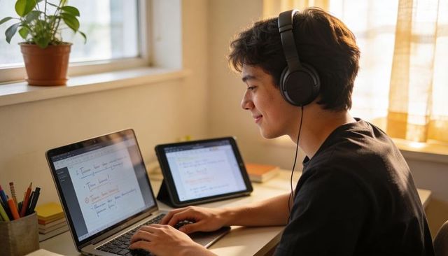 Smiling teen studying on laptop and tablet with headset at sunlit desk for remote learning