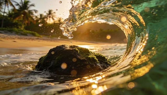 Sunlit curling wave wrapping moss-covered rock on tropical beach at golden hour