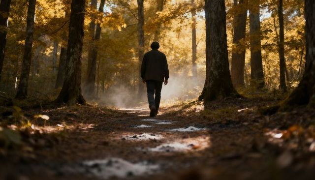 Lone man walking on misty autumn forest trail with golden leaves and quiet solitude at dawn