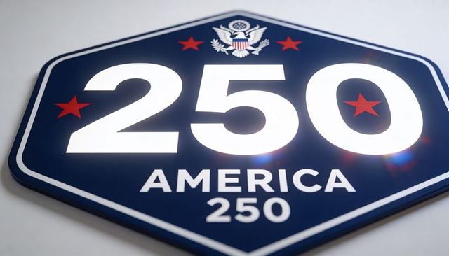 America 250 commemorative hex plaque with bold white numerals, eagle seal and red stars