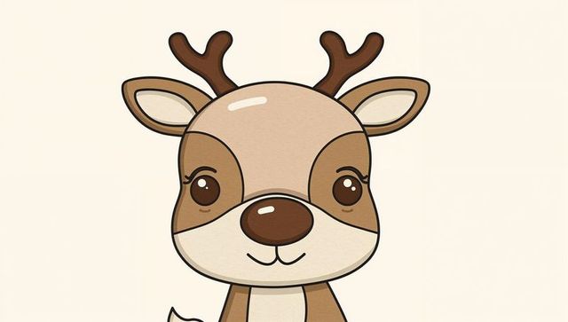 Smiling Cartoon Reindeer with Glossy Eyes and Shiny Nose on Pale Beige Background