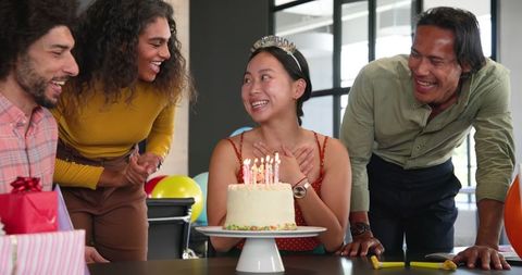 Diverse Coworkers Celebrating Birthday in Modern Office