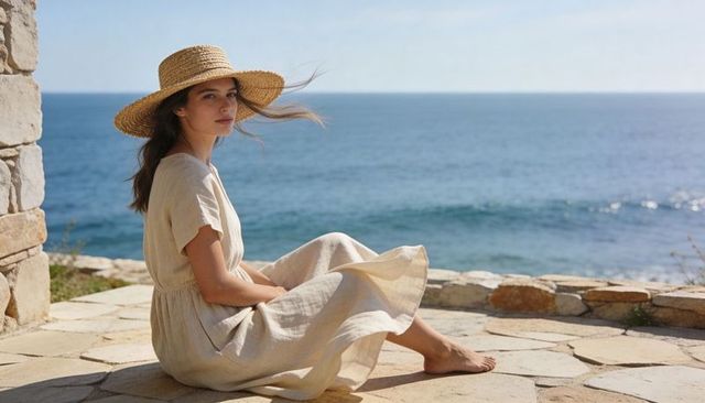 Sitting woman gazing at camera on sunlit stone terrace overlooking ocean in straw hat