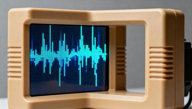 Compact beige oscilloscope displaying cyan waveform for signal analysis and testing