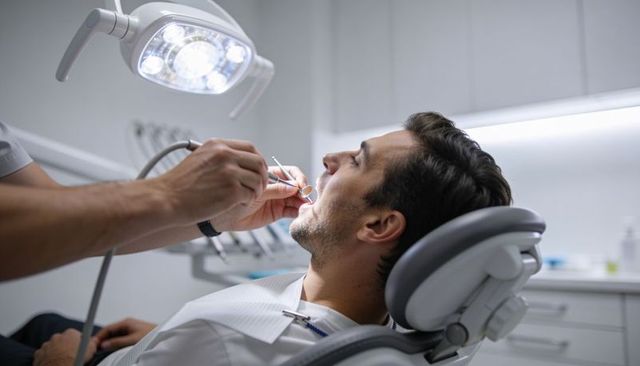 Male patient receiving dental treatment reclining in modern clinic chair under led lamp