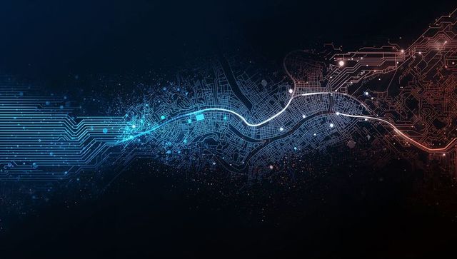 Flowing Data Conduit Between Cyan and Red Circuit Grids with Neon Nodes
