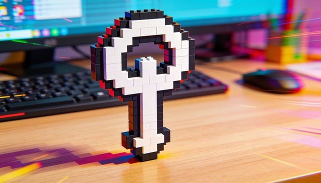 Standing pixel key sculpture made from plastic bricks on neon-lit wooden workstation