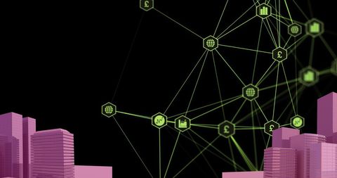 Digital network overlay on 3d cityscape
