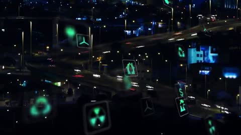 Futuristic Urban Nightscape with Floating Green Icon Displays