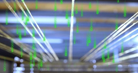 Network cables and binary code illustration in server room
