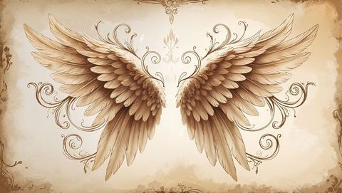 Sepia angel wings with ornate flourishes on parchment