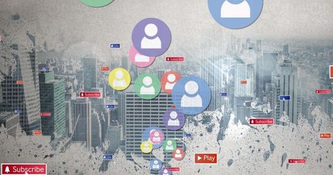 Social Media Icons Cascading over Urban Cityscape - Download Free Stock Images Pikwizard.com