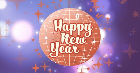 this colorful design features a large 'happy new year' message overlaid on a disco ball graphic, set against a vibrant purple background with starburst patterns. perfect for new year's eve party invitations, festive greeting cards, and holiday event promotions, this cheerful and modern image captures the excitement and joy of new year celebrations.