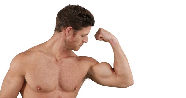 Fit man flexing bicep on white background conveys themes of strength, fitness, and health. Ideal for fitness campaigns, gym advertisements, or bodybuilding promotions. Useful for websites and promotional materials that require emphasis on physical fitness, healthy lifestyle, or exercise.