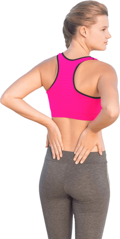 Transparent Sportswoman Touching Back Demonstrating Fitness Nurturing Concept