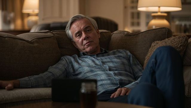 Reclining senior man gazing contemplatively on sofa in cozy living room with tablet