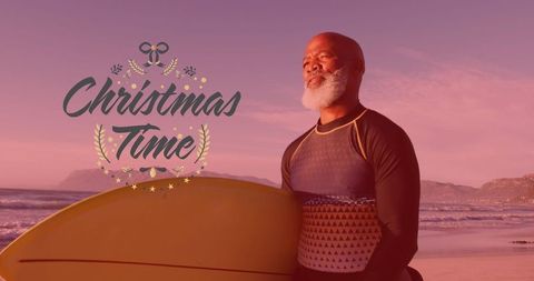 Surfer Enjoying Sunset Beach with Christmas Greetings