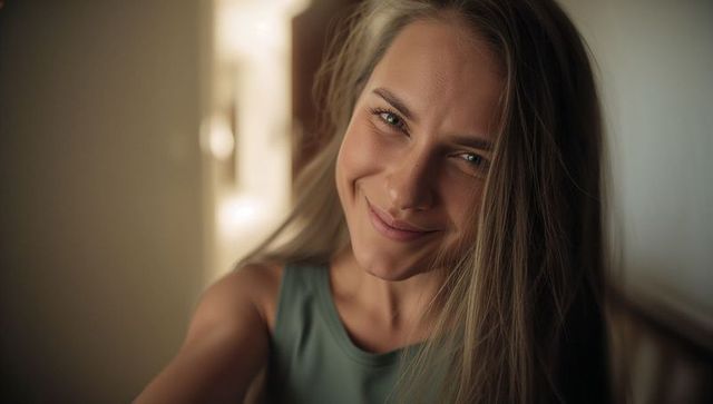 Intimate close-up smiling woman in green top leaning forward with warm bokeh backlight