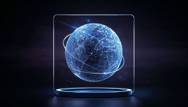 Hovering holographic globe displaying global network connections in neon blue interface