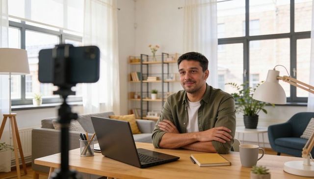 Recording vlog in home office with laptop and smartphone tripod, cozy daylight workspace