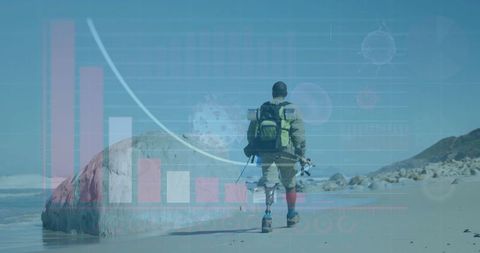 Veteran with Prosthetic Legs Walks on Beach with Fishing Rod