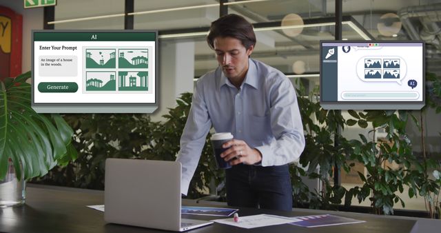 A man in a modern office working with AI software displayed on two computer screens. He is holding a coffee cup and attentively studying documents on the desk. Ideal for use in business, technology, workplace productivity, and AI advancement contexts.