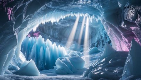 Glacial ice cave with sunlit crystal spires
