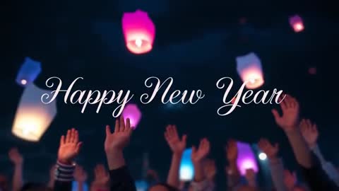 Crowd Releasing Sky Lanterns at Night Celebrating New Year with 'Happy New Year' Text Overlay