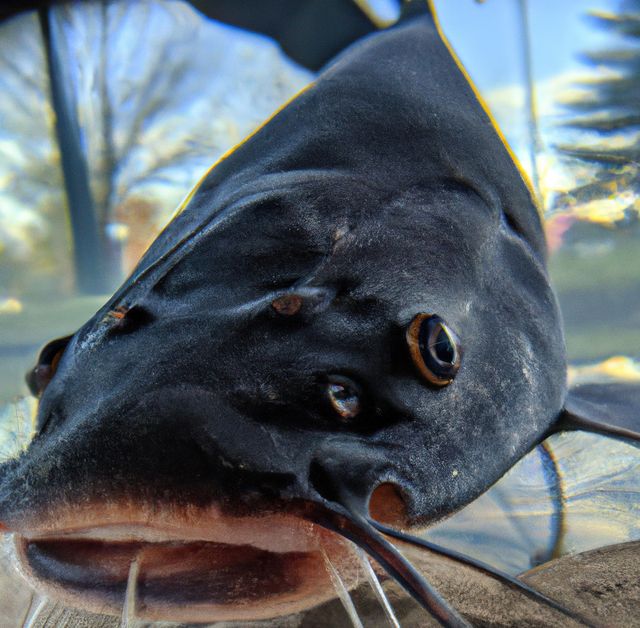 Close up of shiny brown catfish over trees and blurred background. Nature, animals and fish concept.