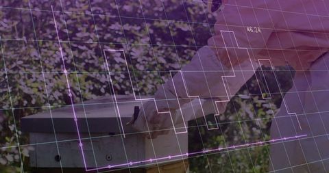 Beekeeper opening hive with data overlay in apiary