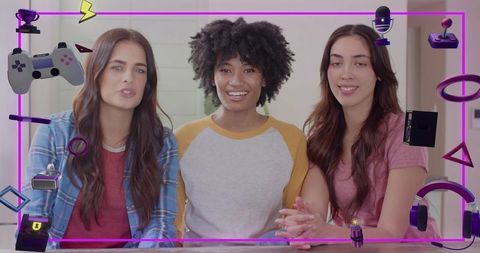 Neon framed trio hosting casual gaming livestream and creator collaboration chat